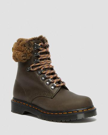 Grey Women's Dr Martens 1460 Serena Collar Faux Fur Lined Lace Up Boots | CA 198VRW